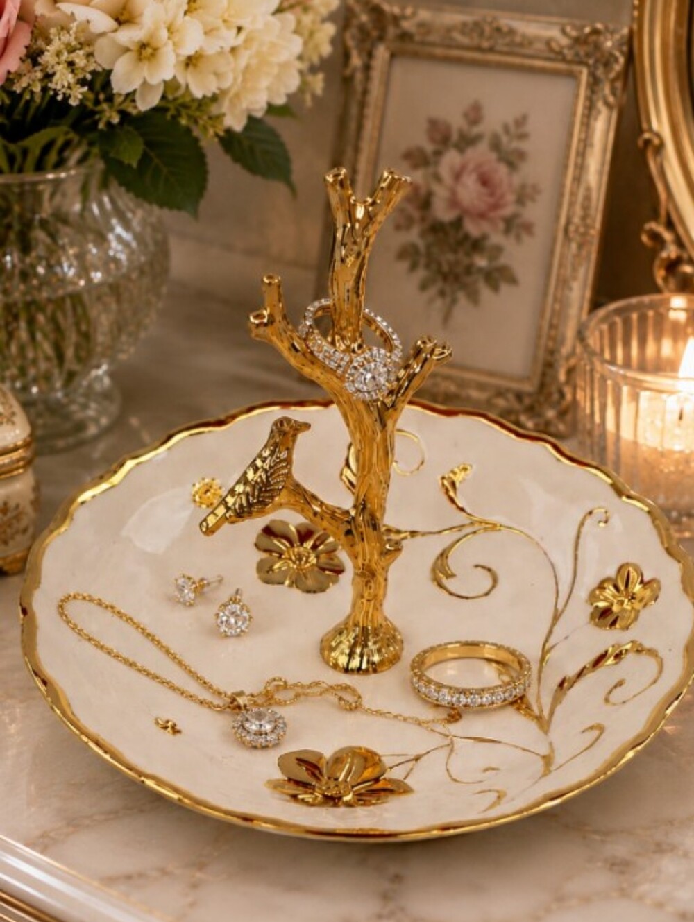 Cynthia Rowley Decorative Gold-Trimmed Cream Jewelry Dish with Ring Holder Ceram